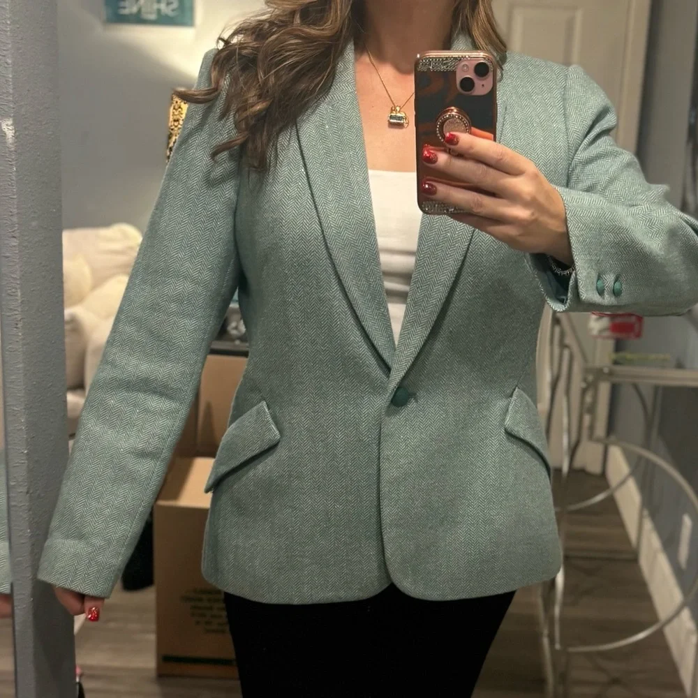 L'AGENCE Chamberlain Herringbone Mint Blue Green Blazer - Picture 9 of 15